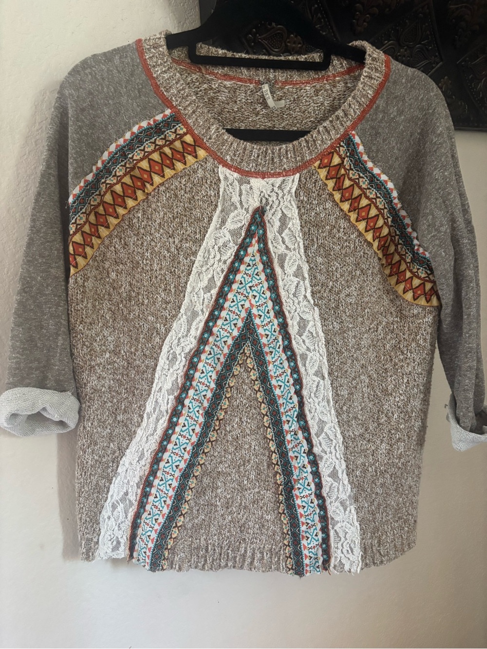 BKE Taupe Pullover with White Lace & Multicolor Embroidery